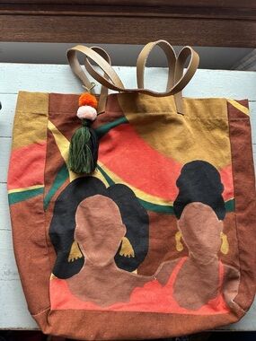 Canvas Portrait Tote in Brown, Coral and Black